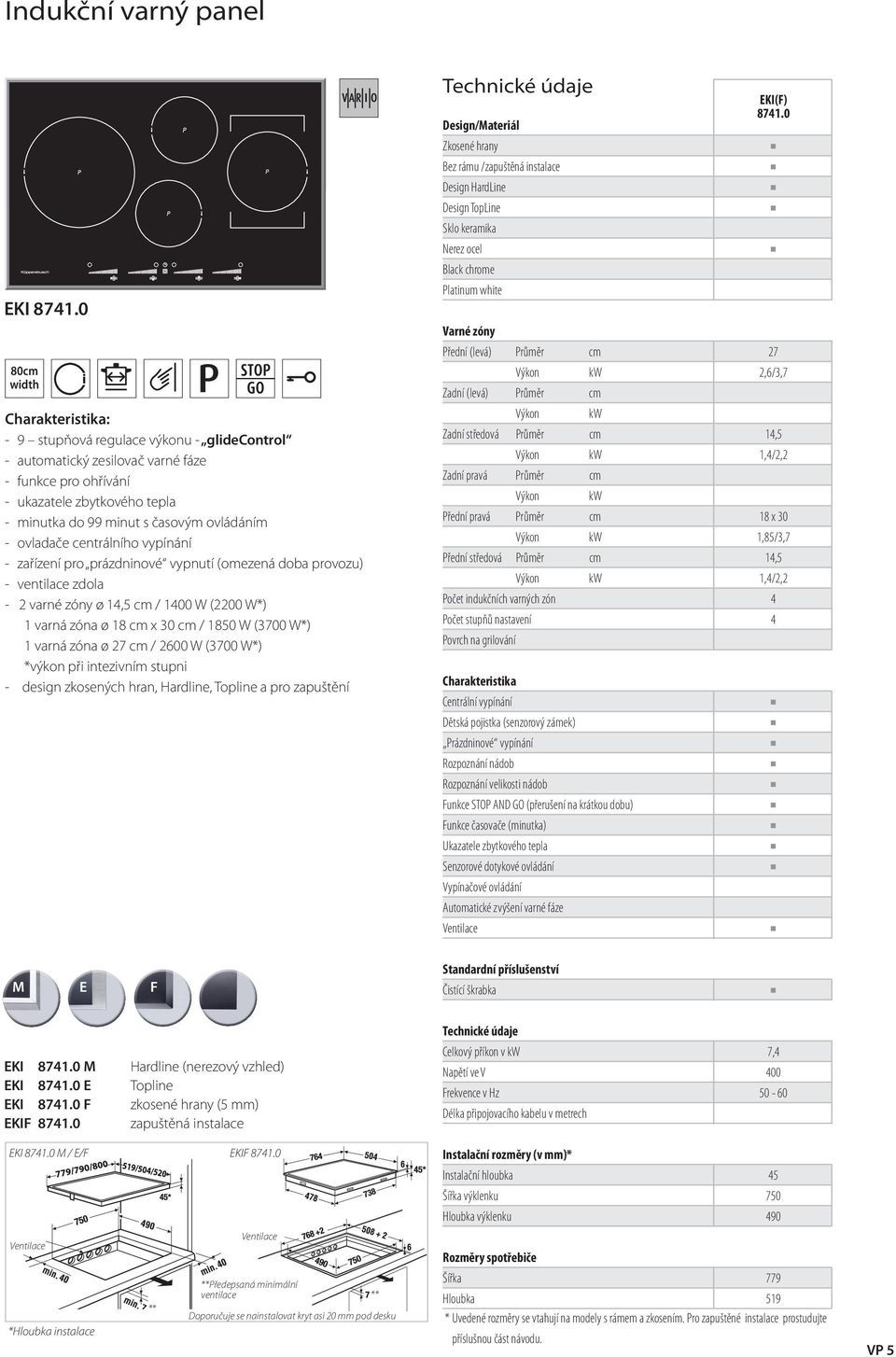 vypínání - zařízení pro prázdninové vypnutí (omezená doba provozu) - ventilace zdola - 2 varné zóny ø cm / 1400 W (2200 W*) 1 varná zóna ø 18 cm x 30 cm / 1850 W (3700 W*) 1 varná zóna ø 27 cm / 2600