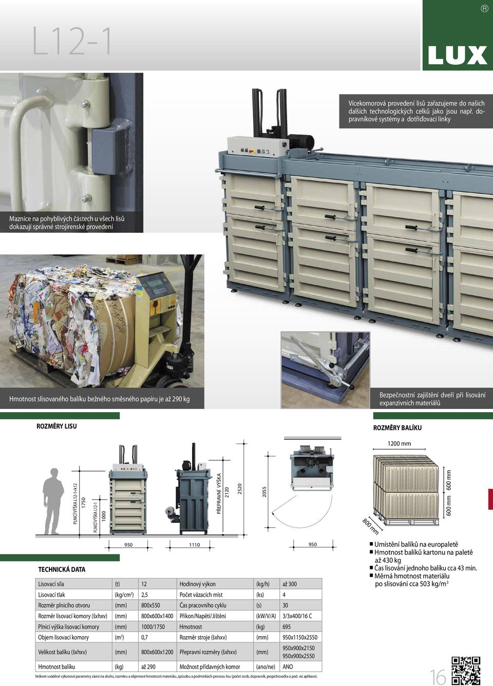 Bezpečnostní zajištění dveří při lisování expanzivních materiálů ROZMĚRY LISU ROZMĚRY BALÍKU 1200 mm PLNICÍ VÝŠKA L12-1+k12 1750 PLNICÍ VÝŠKA L12-1 1000 PŘEPRAVNÍ VÝŠKA 2120 2520 2055 800 mm 600 mm