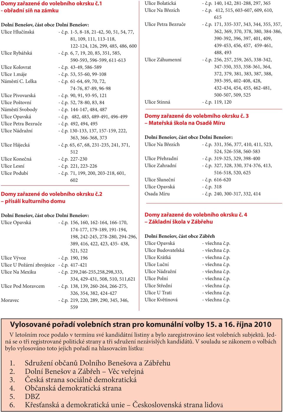 máje - č.p. 53, 55-60, 99-108 Náměstí C. Lelka - č.p. 61-64, 69, 70, 72, 74-76, 87-89, 96-98 Ulice Pivovarská - č.p. 90, 91, 93-95, 121 Ulice Poštovní - č.p. 52, 78-80, 83, 84 Náměstí Svobody - č.p. 144-147, 484, 487 Ulice Opavská - č.