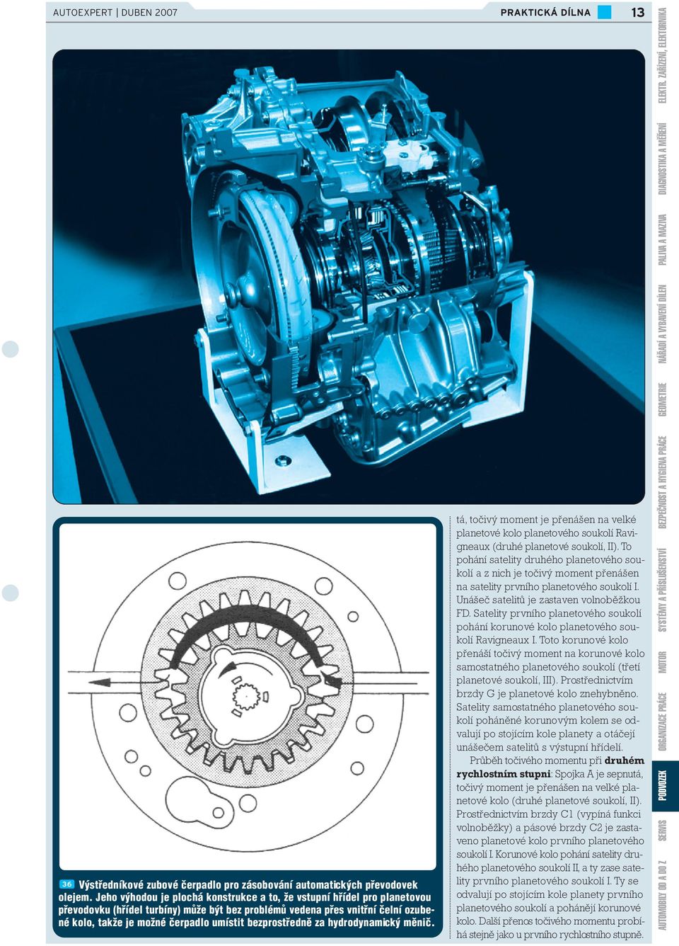 bezprostředně za hydrodynamický měnič. 13 tá, točivý moment je přenášen na velké planetové kolo planetového soukolí Ravigneaux (druhé planetové soukolí, II).