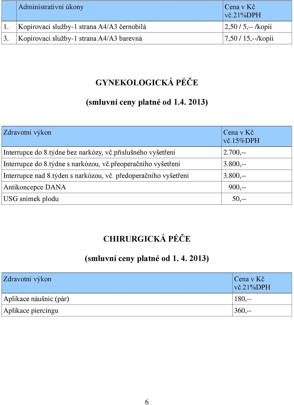 týdne bez narkózy, vč.příslušného vyšetření 2.700,-- Interrupce do 8.týdne s narkózou, vč.přeoperačního vyšetření 3.800,-- Interrupce nad 8.
