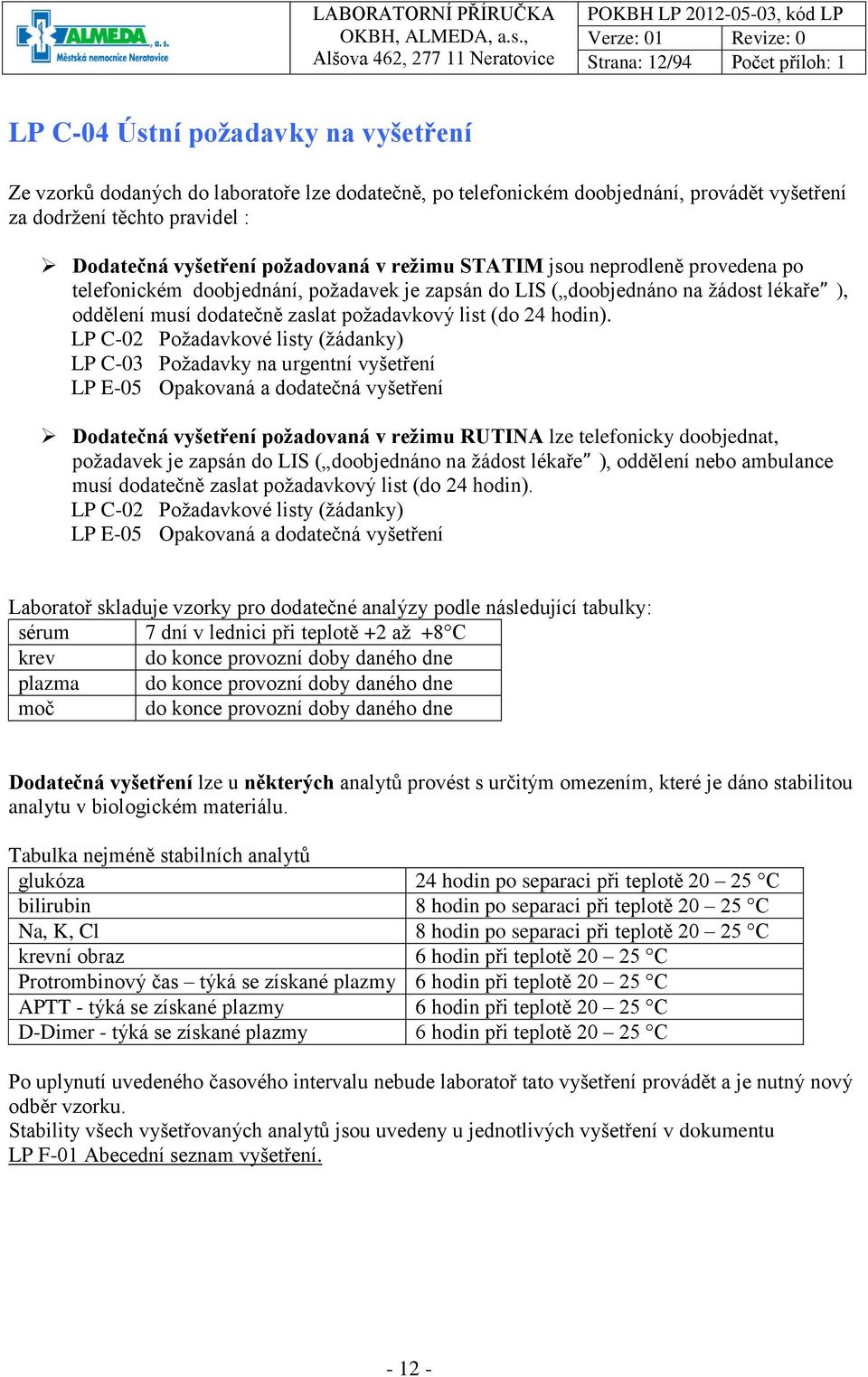 požadavkový list (do 24 hodin).