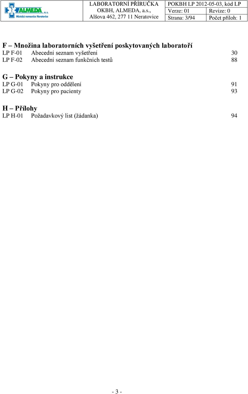 Abecední seznam funkčních testů 88 G Pokyny a instrukce LP G-01 Pokyny pro