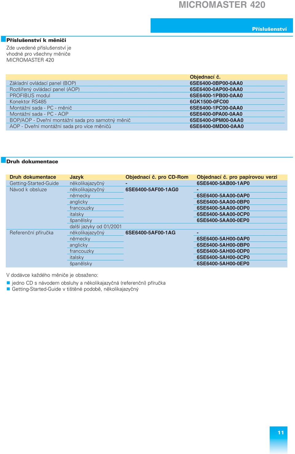 6SE6400 0BP00 0AA0 6SE6400 0AP00 0AA0 6SE6400 1PB00 0AA0 6GK1500 0FC00 6SE6400 1PC00 0AA0 6SE6400 0PA00 0AA0 6SE6400 0PM00 0AA0 6SE6400 0MD00 0AA0 Druh dokumentace Druh dokumentace Jazyk Objednací č.
