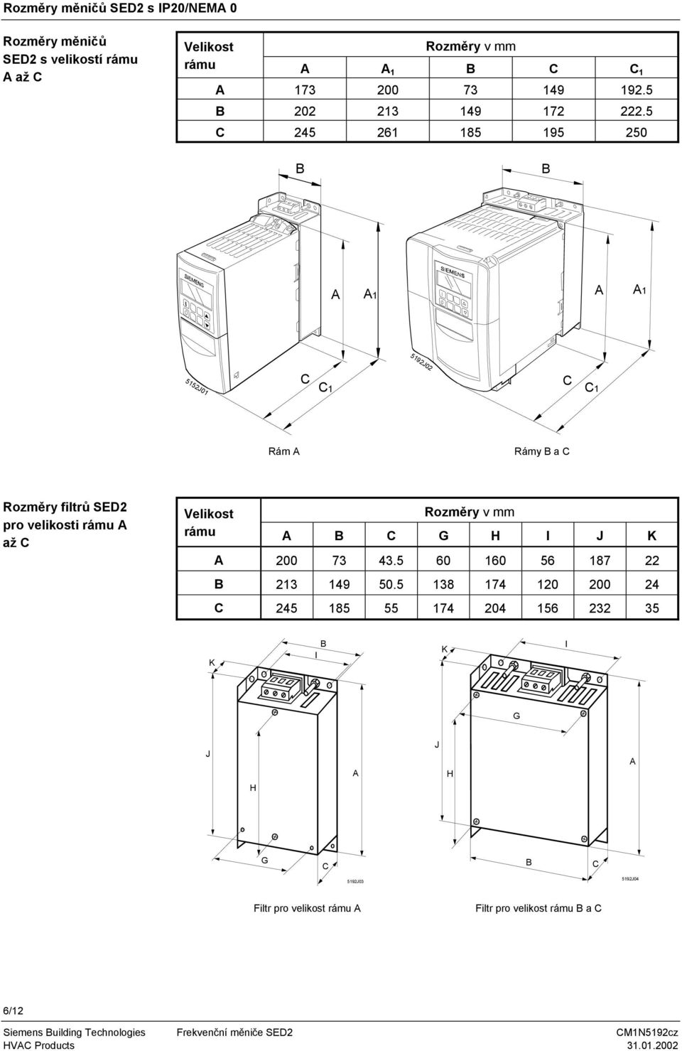5 245 261 185 195 250 1 1 5192J02 5152J01 1 1 Rám Rámy a Rozměry filtrů SED2 pro velikosti rámu až Velikost Rozměry