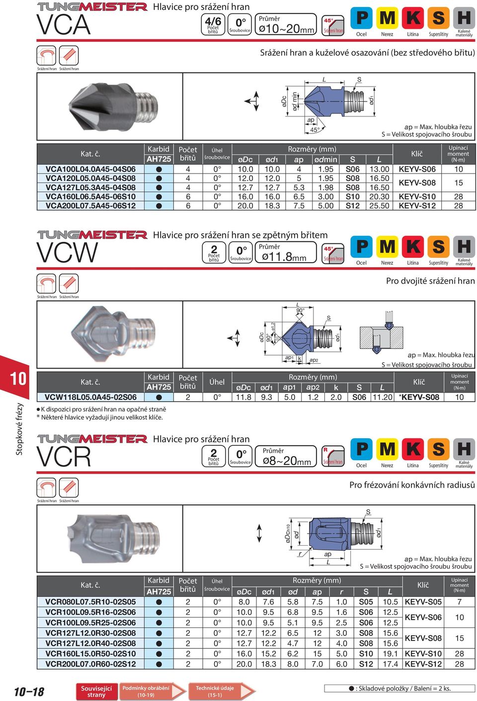 5 KEYV-8 15 VCA166.5A45-6 6 16. 16. 6.5 3. 2.3 KEYV- 28 VCA27.5A45-612 6 2. 18.3 7.5 5. 12 25.5 KEYV-12 28 moment VCW Hlavice pro srážení hran se zpětným břitem 2 ø11.