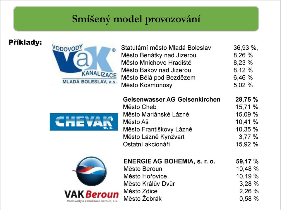 15,71 % Město Mariánské Lázně 15,09 % Město Aš 10,41 % Město Františkovy Lázně 10,35 % Město Lázně Kynžvart 3,77 % Ostatní akcionáři 15,92