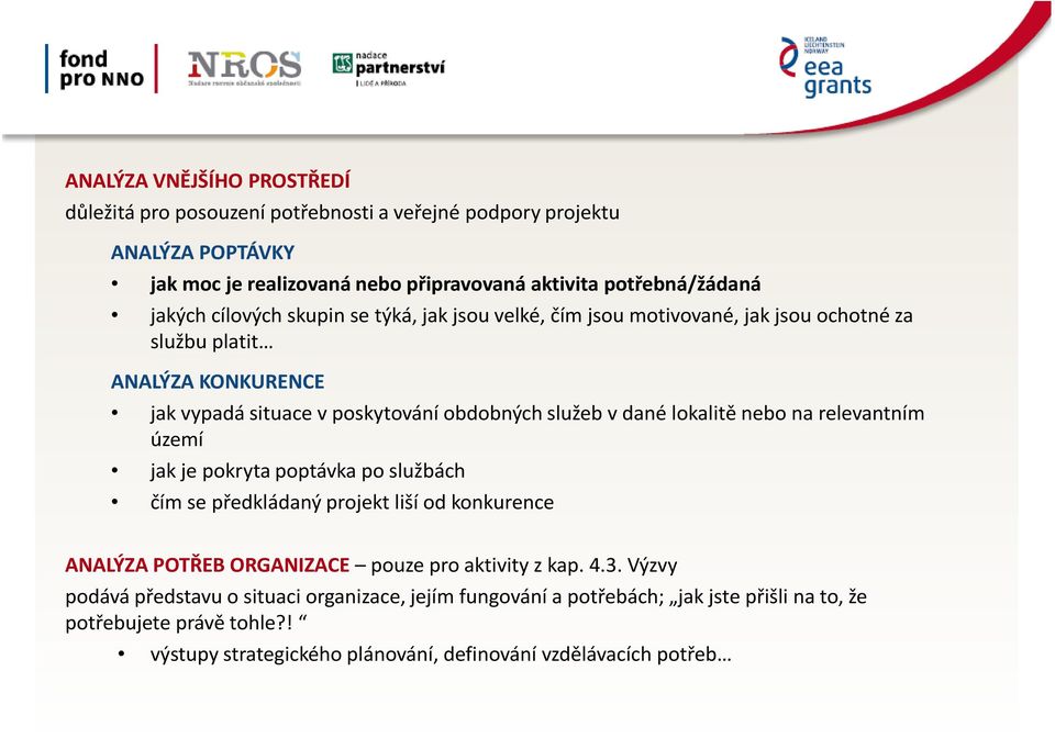 lokalitě nebo na relevantním území jak je pokryta poptávka po službách čím se předkládaný projekt liší od konkurence ANALÝZA POTŘEB ORGANIZACE pouze pro aktivity z kap. 4.3.