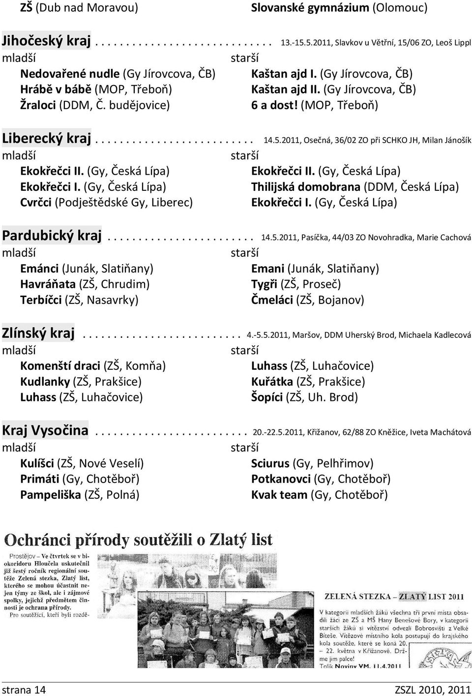 (Gy Jírovcova, ČB) 6 a dost! (MOP, Třeboň) Liberecký kraj.......................... 14.5.2011, Osečná, 36/02 ZO při SCHKO JH, Milan Jánošík Ekokřečci II. (Gy, Česká Lípa) Ekokřečci I.