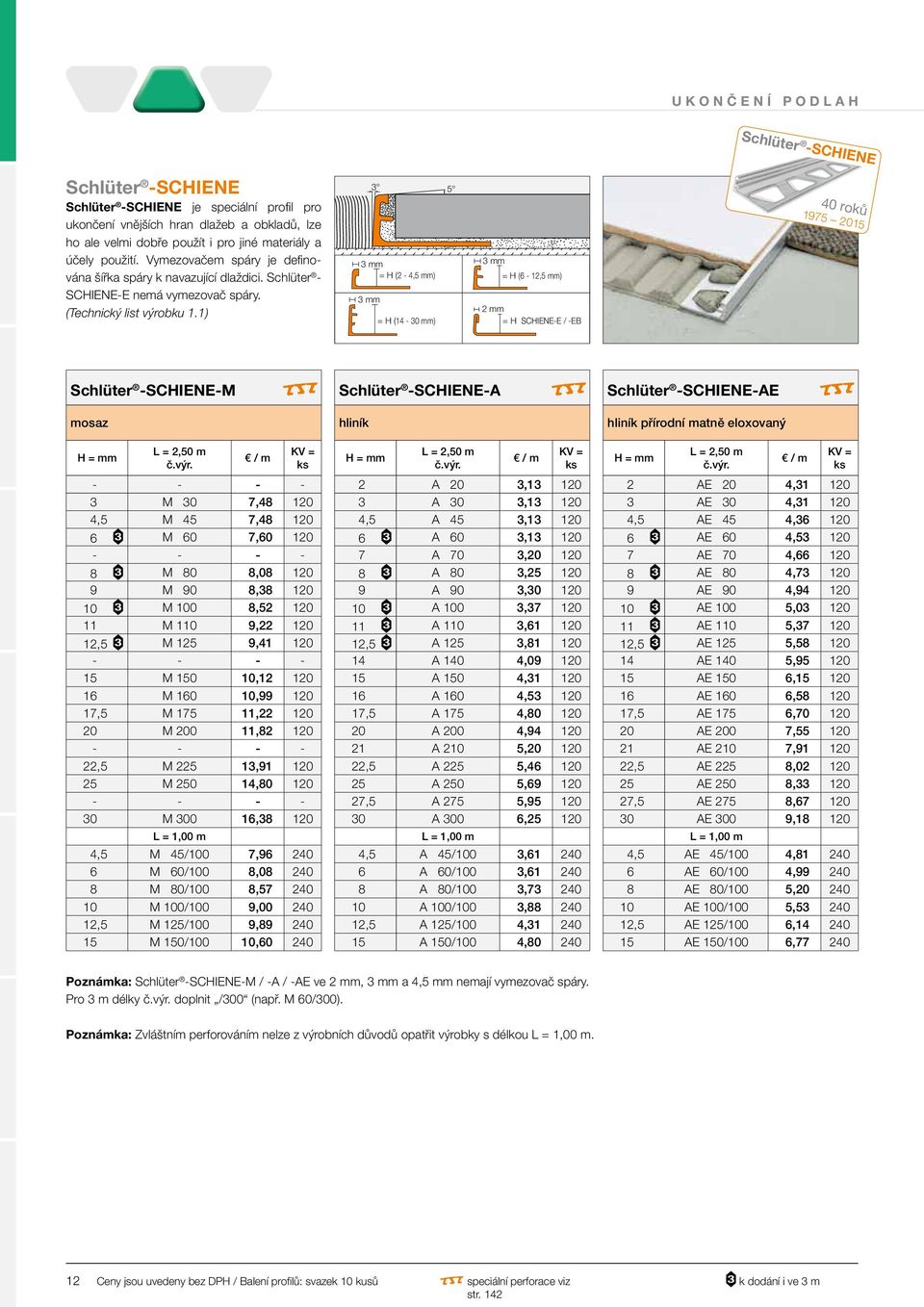 1) 3 3 mm = H (2-4,5 mm) 3 mm = H (14-30 mm) 5 3 mm = H (6-12,5 mm) 2 mm = H SCHIENE-E / -EB 40 roků 1975 2015 Schlüter -SCHIENE-M R Schlüter -SCHIENE-A R Schlüter -SCHIENE-AE R mosaz hliník hliník