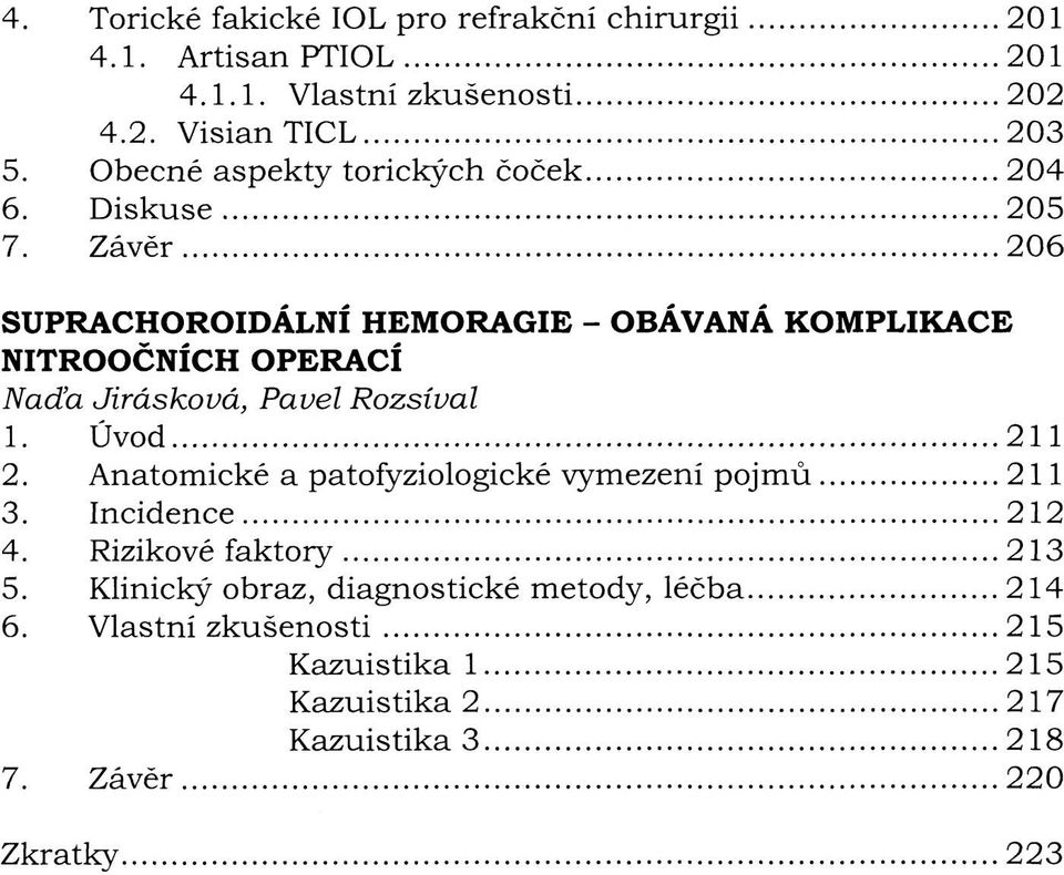 Závěr 206 SUPRACHOROIDÁLNÍ HEMORAGIE - OBÁVANÁ KOMPLIKACE NITROOČNÍCH OPERACÍ Naďa Jirásková, Pavel Rozsíval 1. Úvod 211 2.