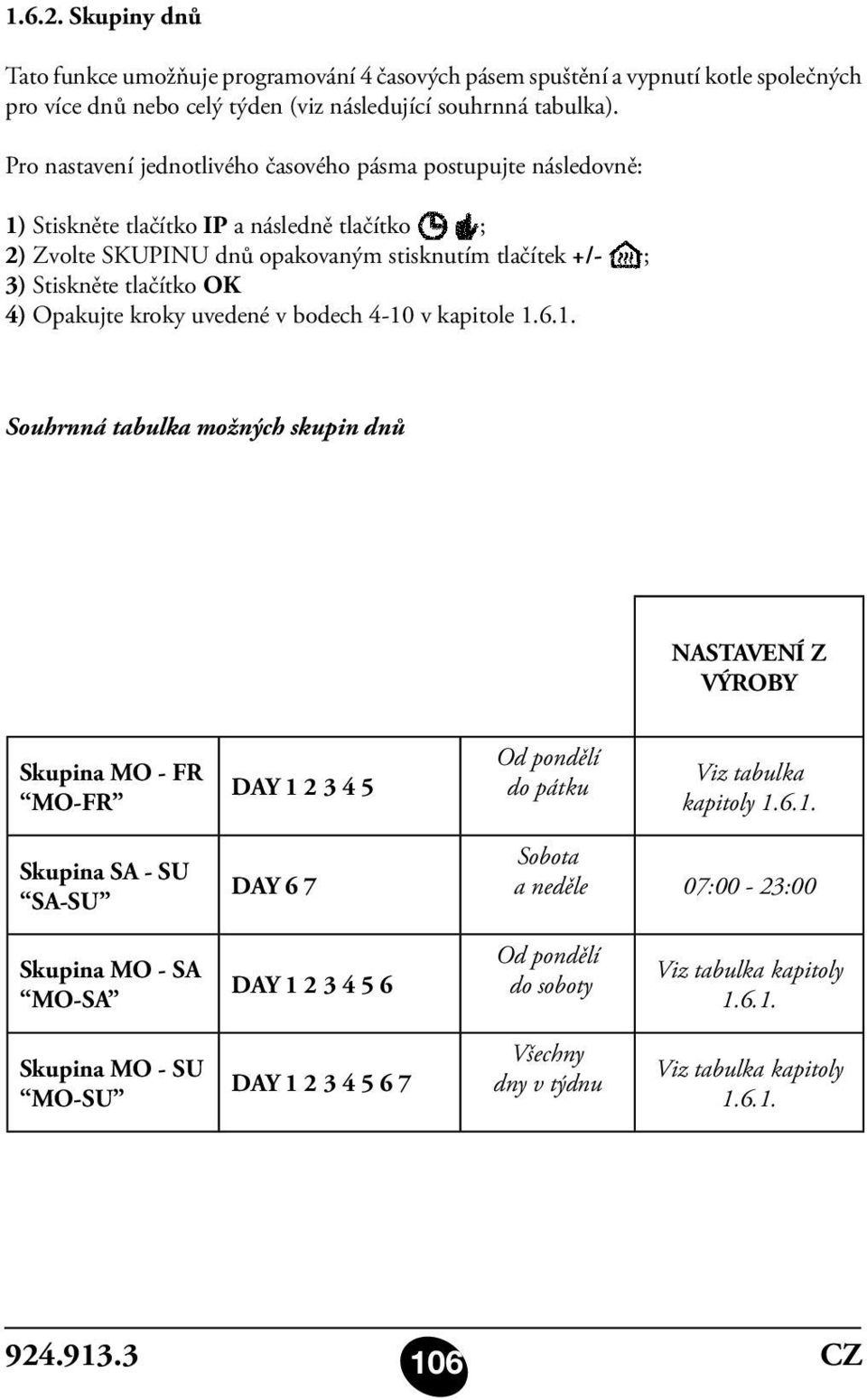 Opakujte kroky uvedené v bodech 4-10 v kapitole 1.6.1. Souhrnná tabulka možných skupin dnů NASTAVENÍ Z VÝROBY Skupina MO - FR MO-FR DAY 1 2 3 4 5 Od pondělí do pátku Viz tabulka kapitoly 1.6.1. Skupina SA - SU SA-SU DAY 6 7 Sobota a neděle 07:00-23:00 Skupina MO - SA MO-SA DAY 1 2 3 4 5 6 Od pondělí do soboty Viz tabulka kapitoly 1.