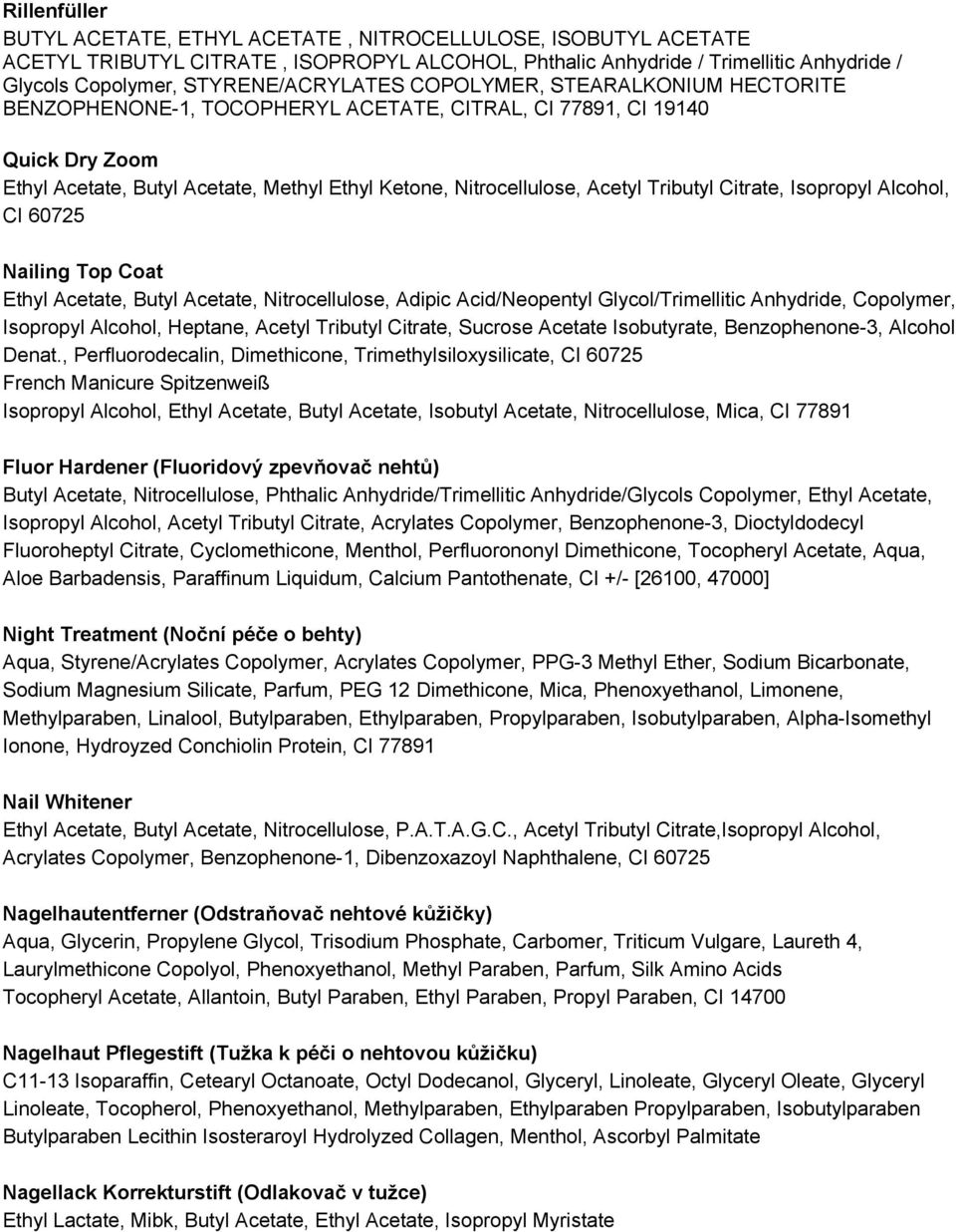 Acetyl Tributyl Citrate, Isopropyl Alcohol, CI 60725 Nailing Top Coat Ethyl Acetate, Butyl Acetate, Nitrocellulose, Adipic Acid/Neopentyl Glycol/Trimellitic Anhydride, Copolymer, Isopropyl Alcohol,