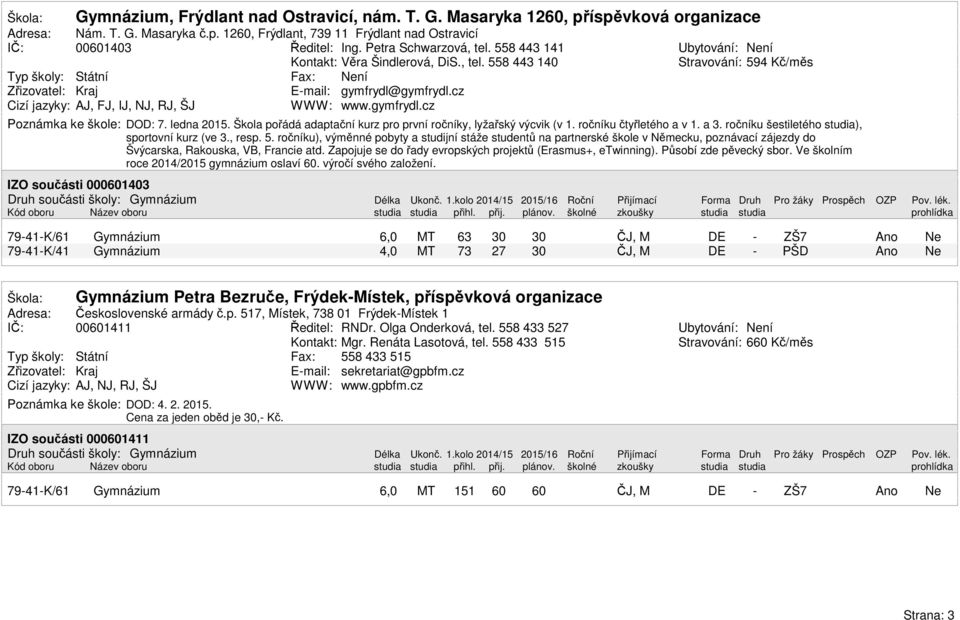 ledna 2. Škola pořádá adaptační kurz pro první ročníky, lyžařský výcvik (v 1. ročníku čtyřletého a v 1. a 3. ročníku šestiletého studia), sportovní kurz (ve 3., resp. 5.