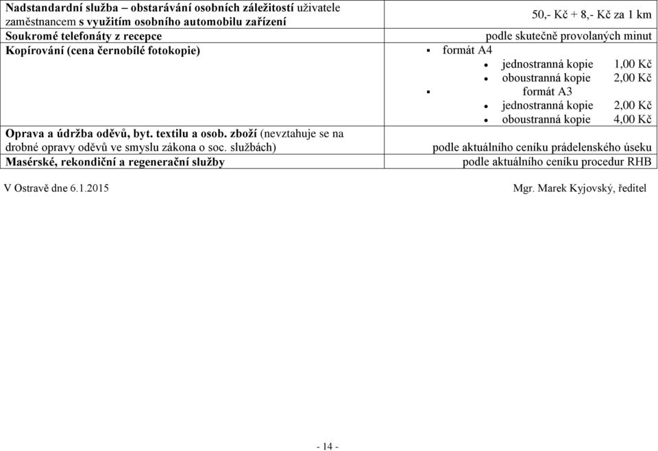 kopie 2,00 Kč oboustranná kopie 4,00 Kč Oprava a údržba oděvů, byt. textilu a osob. zboží (nevztahuje se na drobné opravy oděvů ve smyslu zákona o soc.