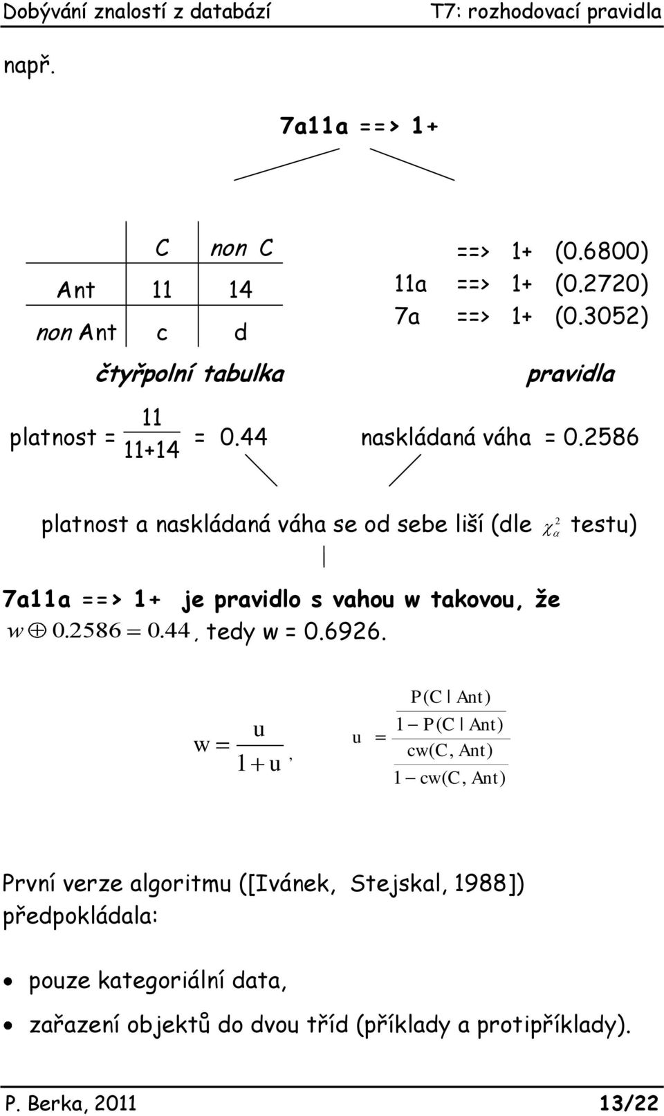 2586 platnost a naskládaná váha se od sebe liší (dle 2 testu) 7a11a ==> 1+ je pravidlo s vahou w takovou, že w 0 2586 0 44.., tedy w = 0.