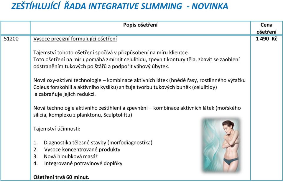 Nová oxy-aktivní technologie kombinace aktivních látek (hnědé řasy, rostlinného výtažku Coleus forskohlii a aktivního kyslíku) snižuje tvorbu tukových buněk (celulitidy) a zabraňuje jejich redukci.