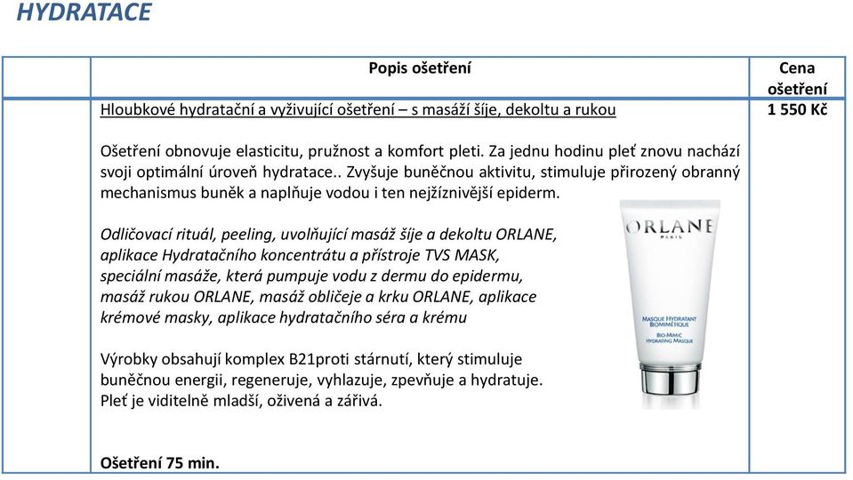 Odličovací rituál, peeling, uvolňující masáž šíje a dekoltu ORLANE, aplikace Hydratačního koncentrátu a přístroje TVS MASK, speciální masáže, která pumpuje vodu z dermu do epidermu, masáž rukou