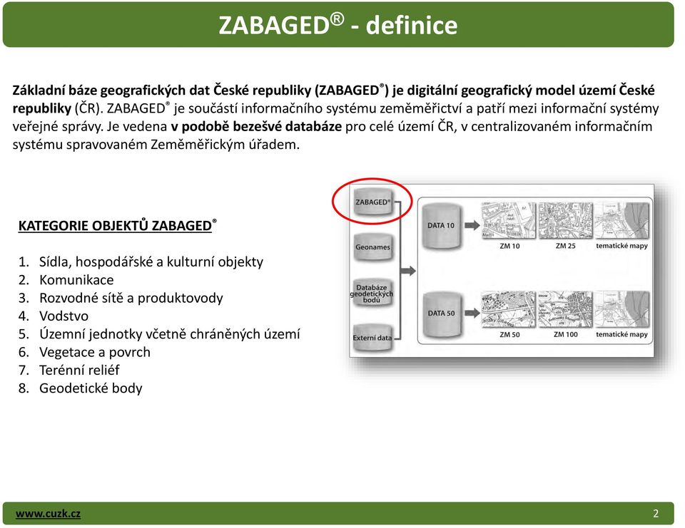 Je vedena v podobě bezešvé databáze pro celé území ČR, v centralizovaném informačním systému spravovaném Zeměměřickým úřadem.