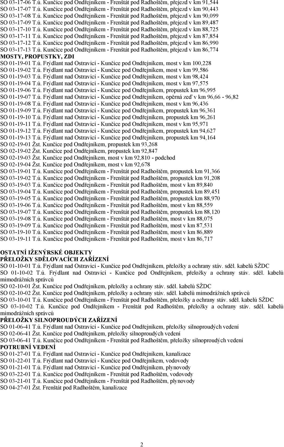 ú. Kunčice pod Ondřejníkem - Frenštát pod Radhoštěm, přejezd v km 86,990 SO 03-17-13 T.ú. Kunčice pod Ondřejníkem - Frenštát pod Radhoštěm, přejezd v km 86,774 MOSTY, PROPUSTKY, ZDI SO 01-19-01 T.ú. Frýdlant nad Ostravicí - Kunčice pod Ondřejníkem, most v km 100,228 SO 01-19-02 T.