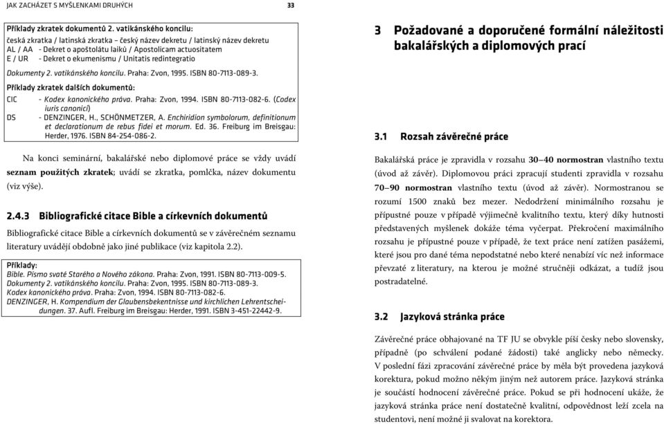 Unitatis redintegratio Dokumenty 2. vatikánského koncilu. Praha: Zvon, 1995. ISBN 80-7113-089-3. Příklady zkratek dalších dokumentů: CIC DS - Kodex kanonického práva. Praha: Zvon, 1994.
