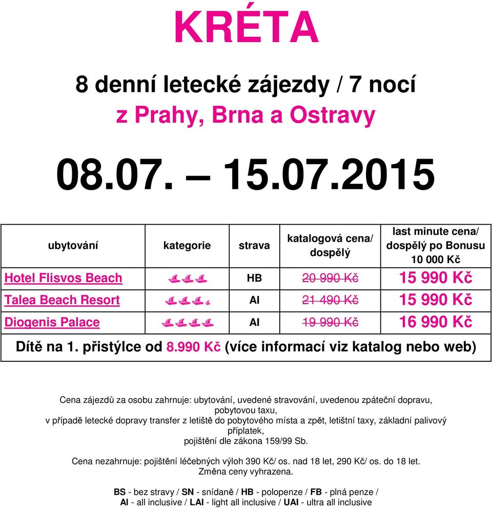 2015 ubytování kategorie strava katalogová cena/ dospělý last minute cena/ dospělý po Bonusu 10 000 Kč Hotel Flisvos Beach HB 20 990 Kč 15 990 Kč Talea Beach Resort AI 21 490 Kč 15 990 Kč Diogenis