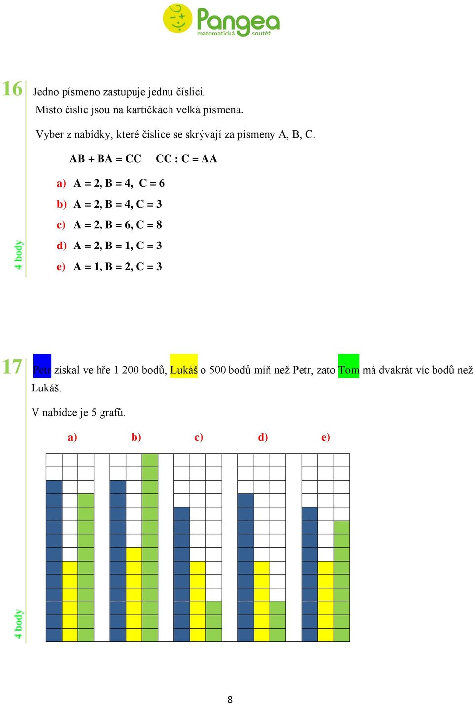 AB + BA = CC CC : C = AA a) A = 2, B = 4, C = 6 b) A = 2, B = 4, C = 3 c) A = 2, B = 6, C = 8 d) A = 2, B =