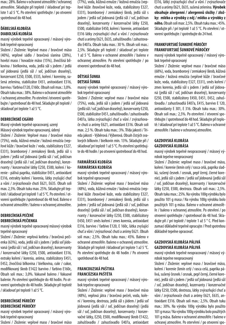 voda, jedlá sůl s jodem / jedlá soľ jódovaná (jedlá sůl / soľ, jodičnan draselný), konzervant E250, E500, E535, koření / koreniny, sušená zelenina, stabilizátor E451, anitoxidant E316, barviva /