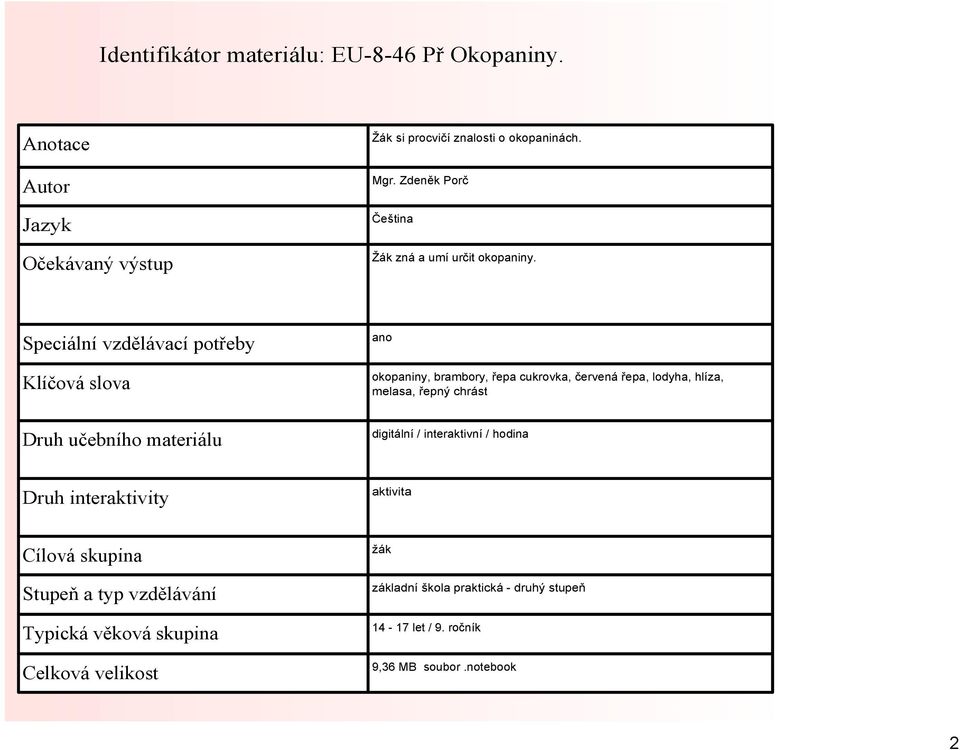 Speciální vzdělávací potřeby Klíčová slova Druh učebního materiálu ano okopaniny, brambory, řepa cukrovka, červená řepa, lodyha, hlíza,
