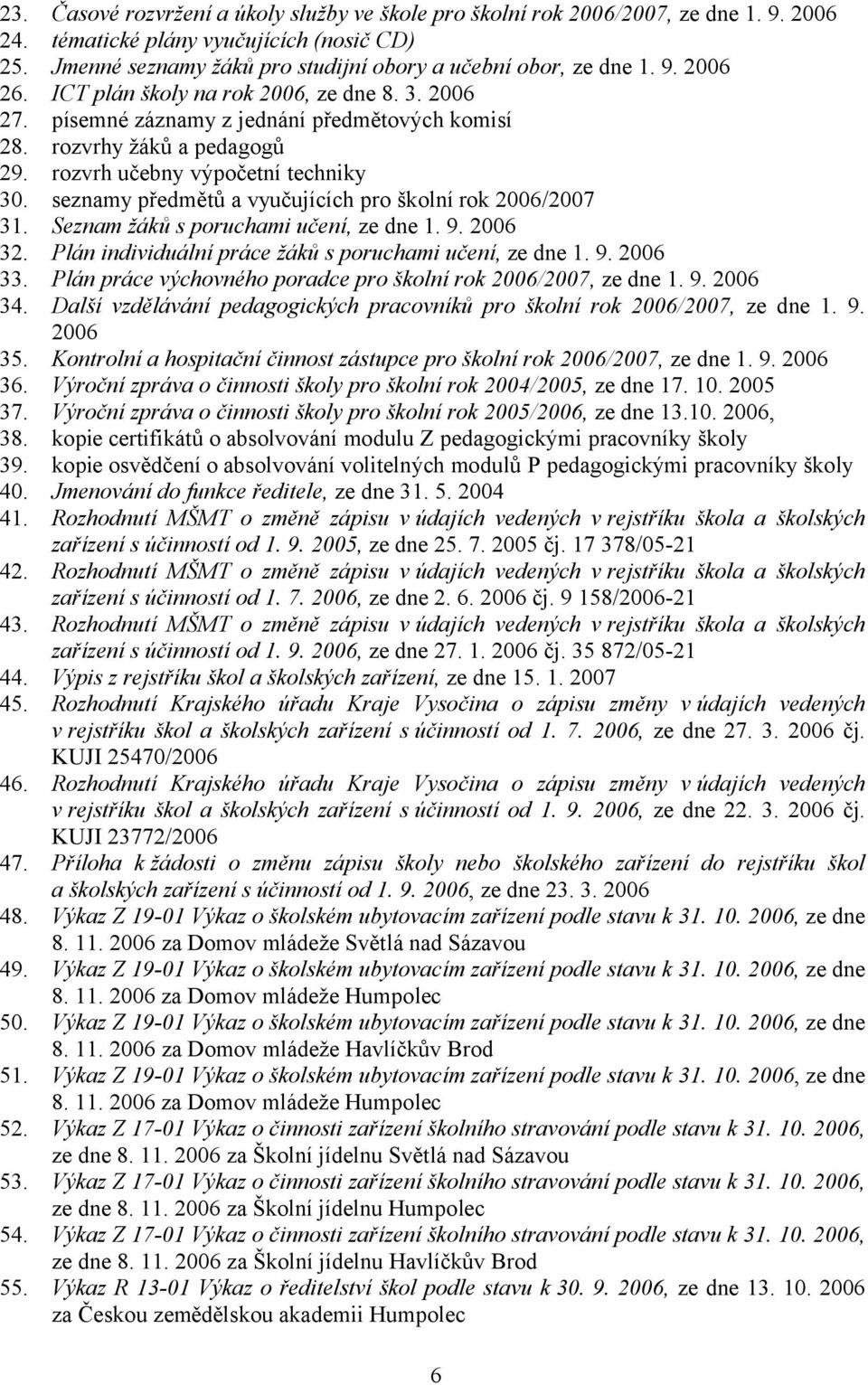 seznamy předmětů a vyučujících pro školní rok 2006/2007 31. Seznam žáků s poruchami učení, ze dne 1. 9. 2006 32. Plán individuální práce žáků s poruchami učení, ze dne 1. 9. 2006 33.