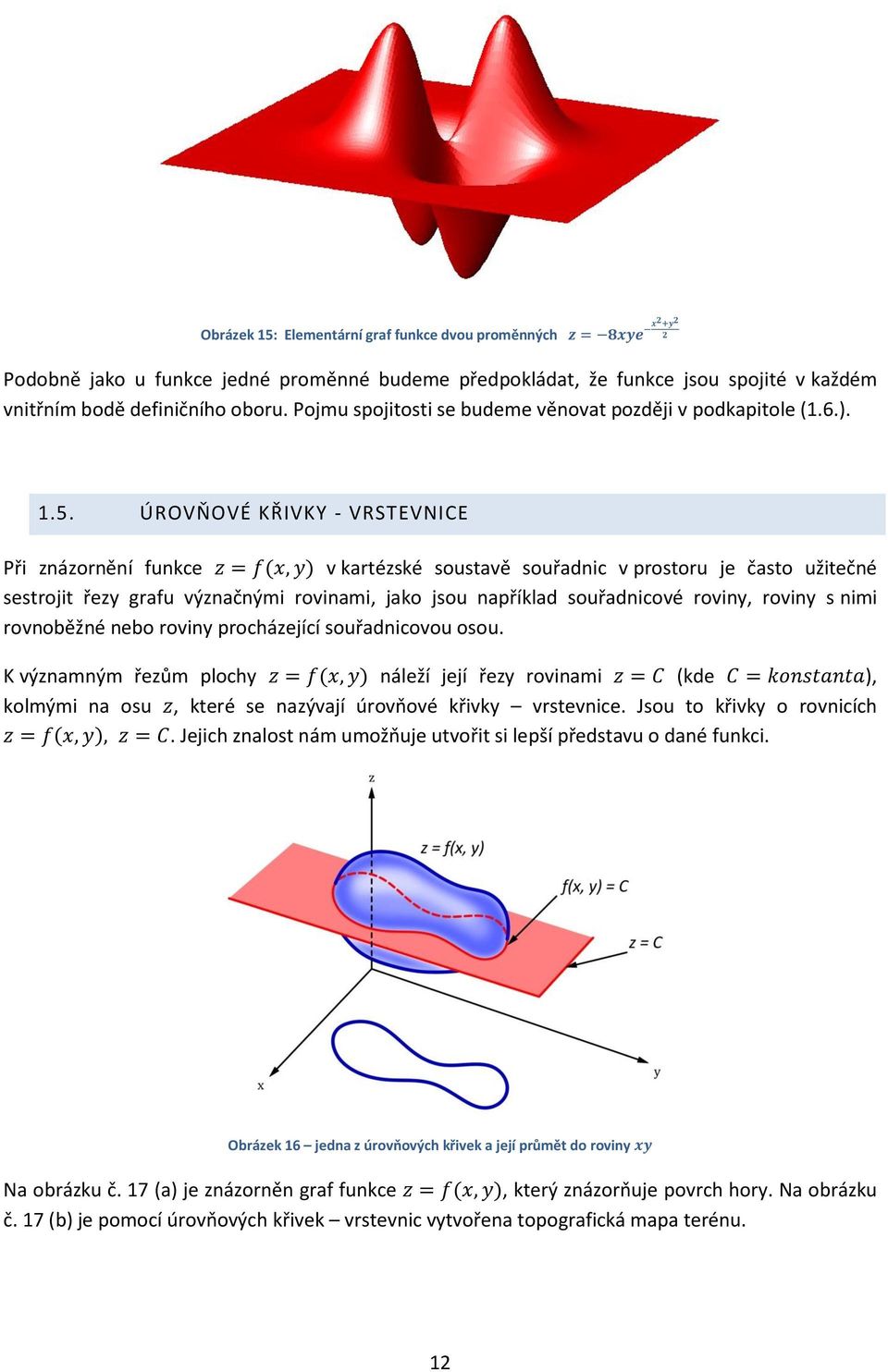 ÚROVŇOVÉ KŘIVKY - VRSTEVNICE Při znázornění funkce z = f(x, y) v kartézské soustavě souřadnic v prostoru je často užitečné sestrojit řezy grafu význačnými rovinami, jako jsou například souřadnicové