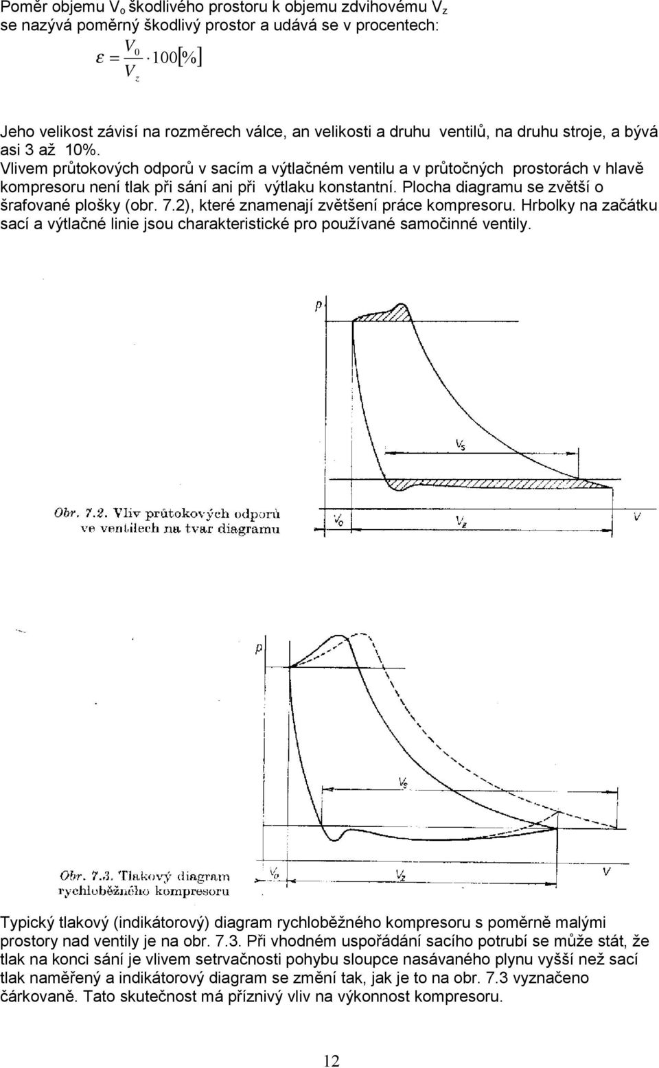 Plocha diagramu se zvětší o šrafované plošky (obr. 7.2), které znamenají zvětšení práce kompresoru. Hrbolky na začátku sací a výtlačné linie jsou charakteristické pro používané samočinné ventily.