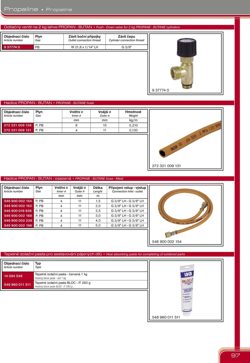 - BUTANE hose - fitted 546 900 002 154 546 900 002 162 546 900 016 956 546 900 002 188 546 900 002 238 546 900 002 196 Vnitřní ø Inner ø 4 4 4 4 4 4 Vnější ø Outer ø 11 11 11 11 11 11 m 1,5 2,0 2,5