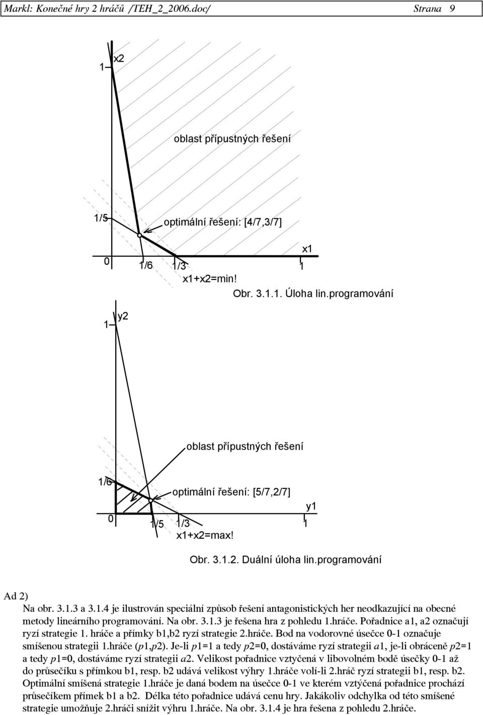 Na obr. 3.1.3 je řešena hra z pohledu 1.hráče. Pořadnice a1, a2 označují ryzí strategie 1. hráče a přímky b1,b2 ryzí strategie 2.hráče. Bod na vodorovné úsečce 0-1 označuje smíšenou strategii 1.