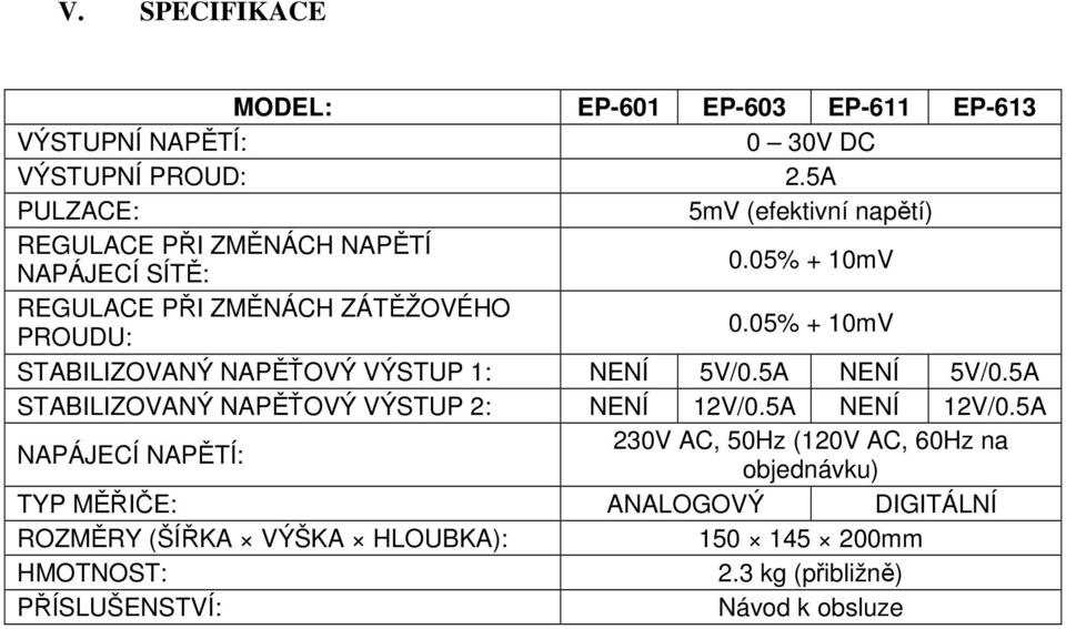 05% + 10mV STABILIZOVANÝ NAPĚŤOVÝ VÝSTUP 1: NENÍ 5V/0.5A NENÍ 5V/0.5A STABILIZOVANÝ NAPĚŤOVÝ VÝSTUP 2: NENÍ 12V/0.5A NENÍ 12V/0.