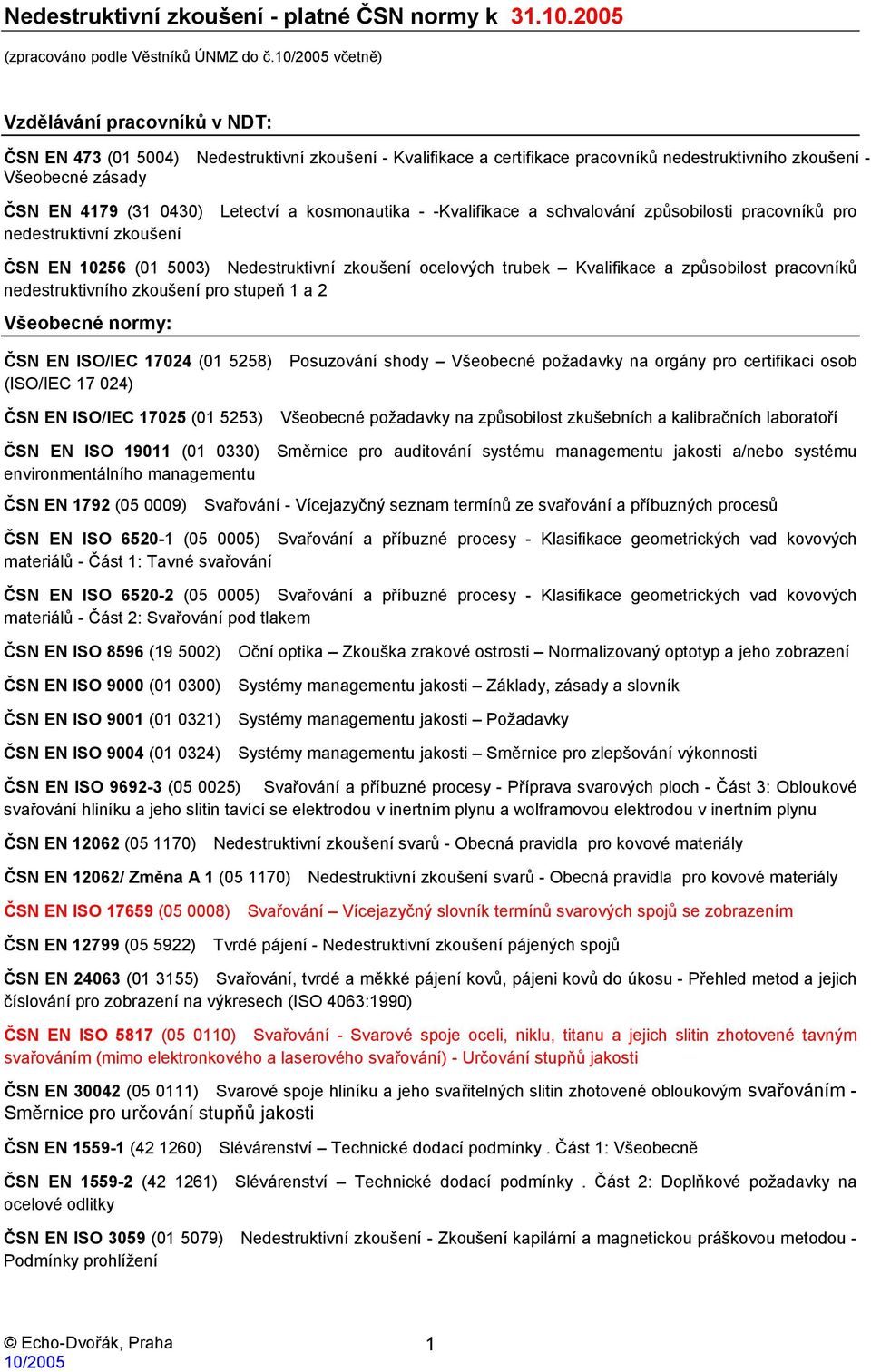 kosmonautika - -Kvalifikace a schvalování způsobilosti pracovníků pro nedestruktivní zkoušení ČSN EN 10256 (01 5003) Nedestruktivní zkoušení ocelových trubek Kvalifikace a způsobilost pracovníků