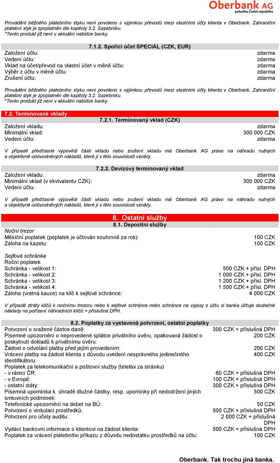 Spořicí účet SPECIÁL (CZK, EUR) Vklad na účet/převod na vlastní účet v měně účtu: Výběr z účtu v měně účtu:  *Tento produkt již není v aktuální nabídce banky. 7.2.