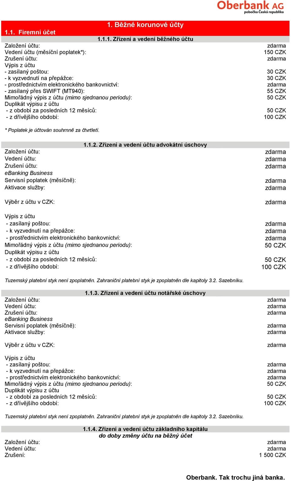 souhrnně za čtvrtletí. ebanking Business Servisní poplatek (měsíčně): Aktivace služby: Výběr z účtu v CZK: 1.1.2.