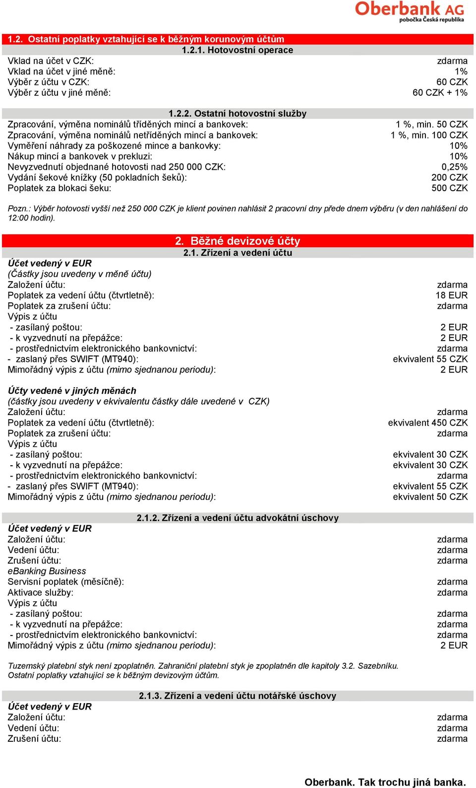 100 CZK Vyměření náhrady za poškozené mince a bankovky: 10% Nákup mincí a bankovek v prekluzi: 10% Nevyzvednutí objednané hotovosti nad 250 000 CZK: 0,25% Vydání šekové knížky (50 pokladních šeků):