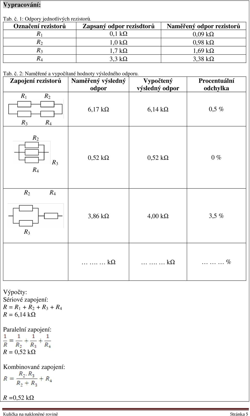 2: Naměřené a vypočítané hodnoty výsledného odporu.