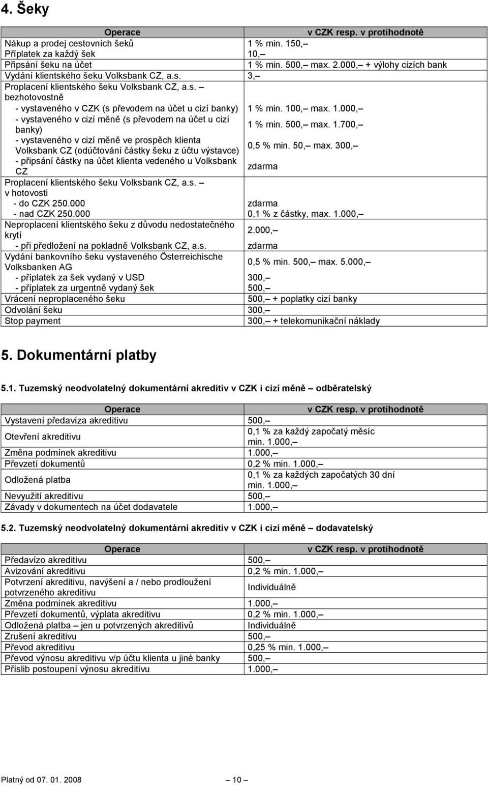 50, max. 300, - připsání částky na účet klienta vedeného u Volksbank CZ Proplacení klientského šeku Volksbank CZ, a.s. v hotovosti - do CZK 250.000 - nad CZK 250.000 0,1 % z částky, max. 1.