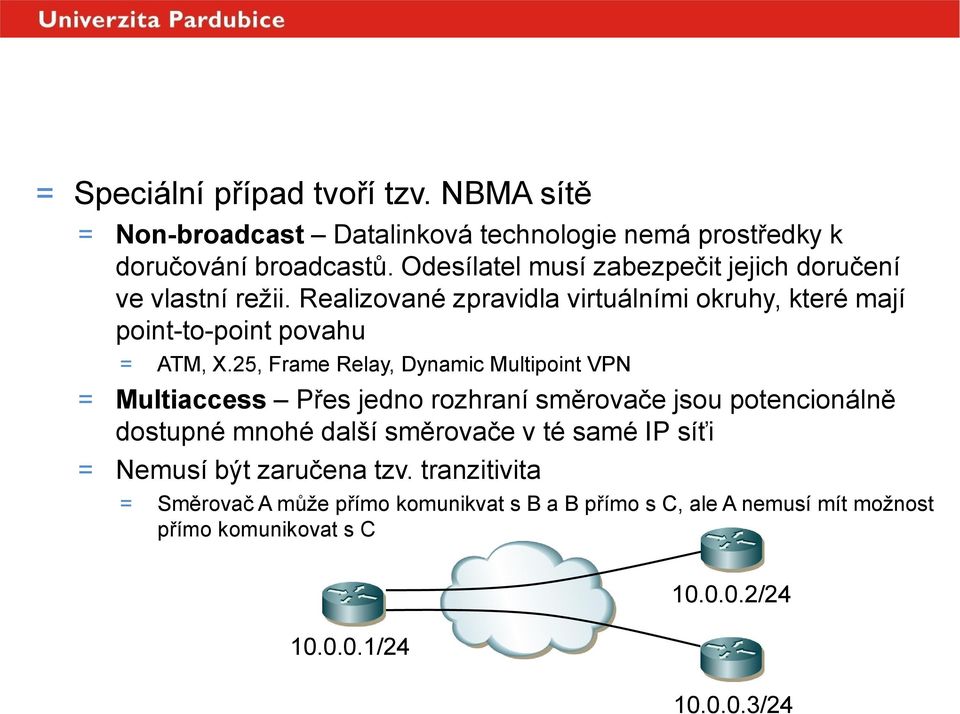 25, Frame Relay, Dynamic Multipoint VPN = Multiaccess Přes jedno rozhraní směrovače jsou potencionálně dostupné mnohé další směrovače v té samé IP síťi =