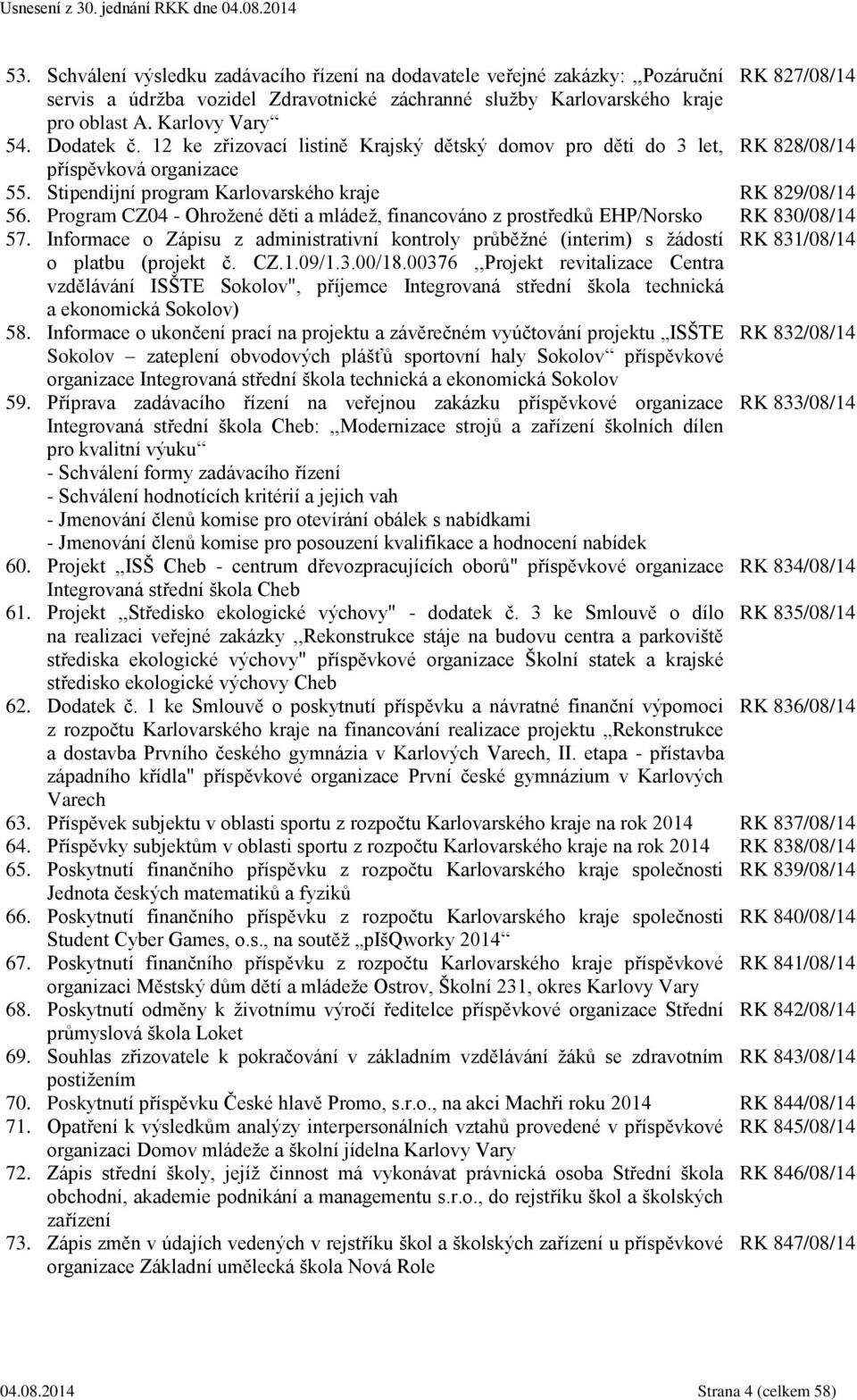 Program CZ04 - Ohrožené děti a mládež, financováno z prostředků EHP/Norsko RK 830/08/14 57. Informace o Zápisu z administrativní kontroly průběžné (interim) s žádostí RK 831/08/14 o platbu (projekt č.