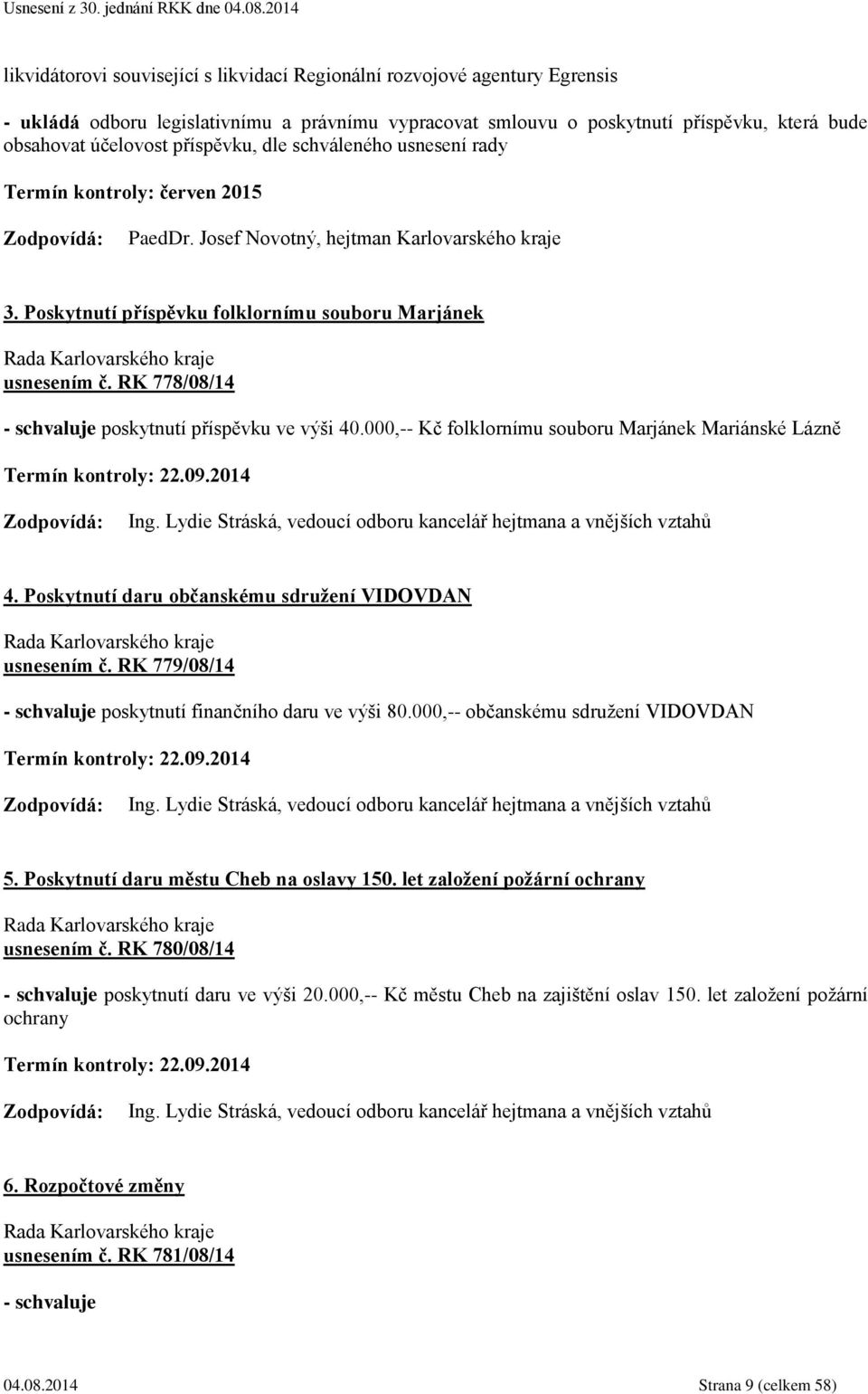 RK 778/08/14 - schvaluje poskytnutí příspěvku ve výši 40.000,-- Kč folklornímu souboru Marjánek Mariánské Lázně Termín kontroly: 22.09.2014 Ing.