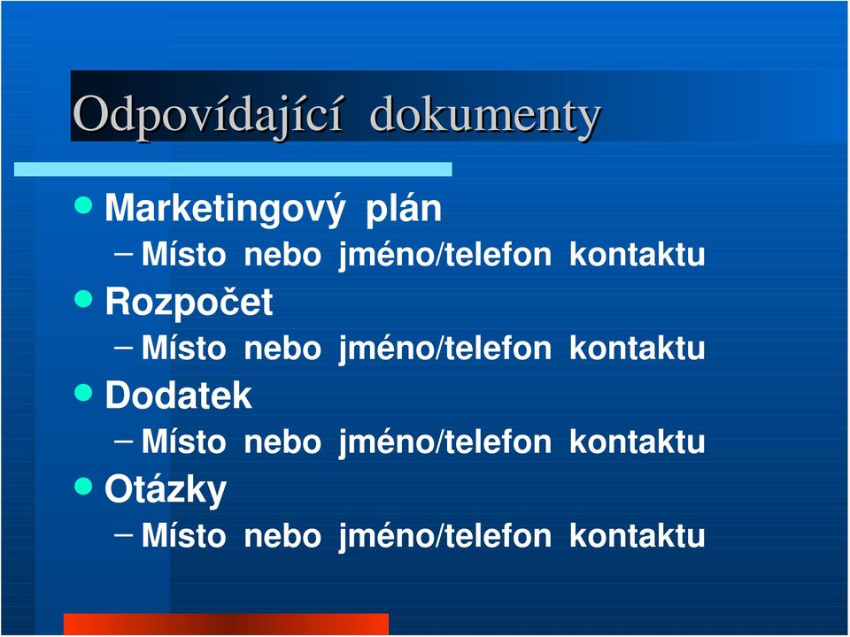 jméno/telefon kontaktu Dodatek Místo nebo