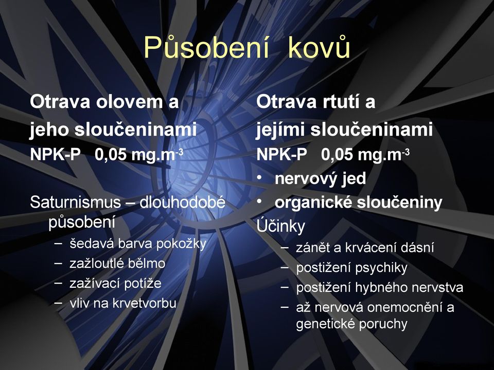 vliv na krvetvorbu Otrava rtutí a jejími sloučeninami NPK-P 0,05 mg.