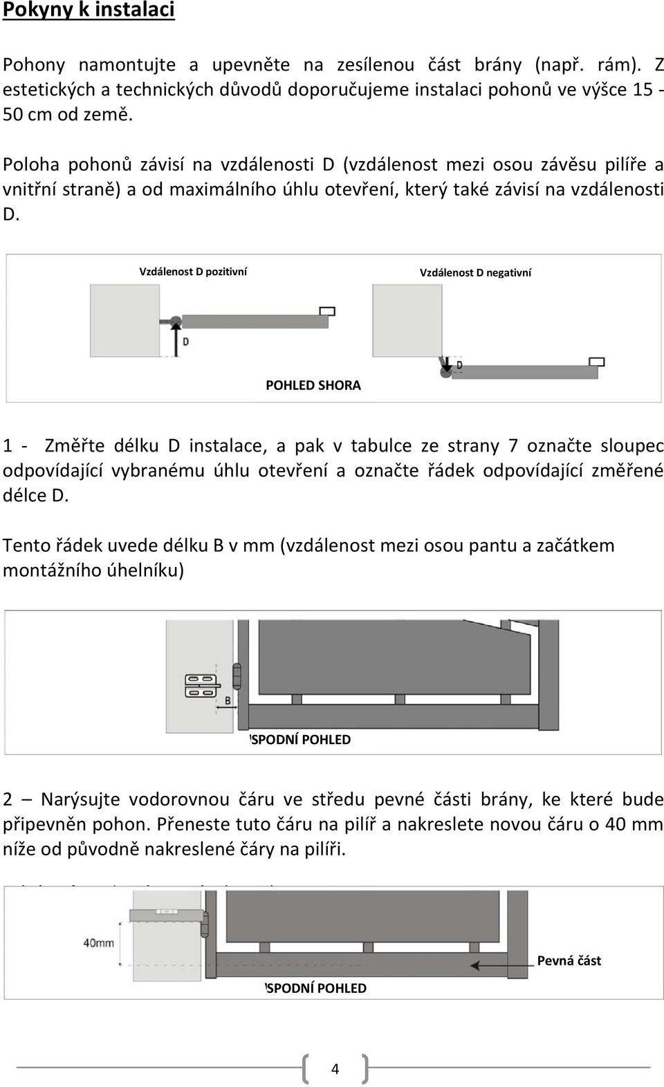 Vzdálenost D pozitivní Vzdálenost D negativní POHLED SHORA 1 - Změřte délku D instalace, a pak v tabulce ze strany 7 označte sloupec odpovídající vybranému úhlu otevření a označte řádek odpovídající