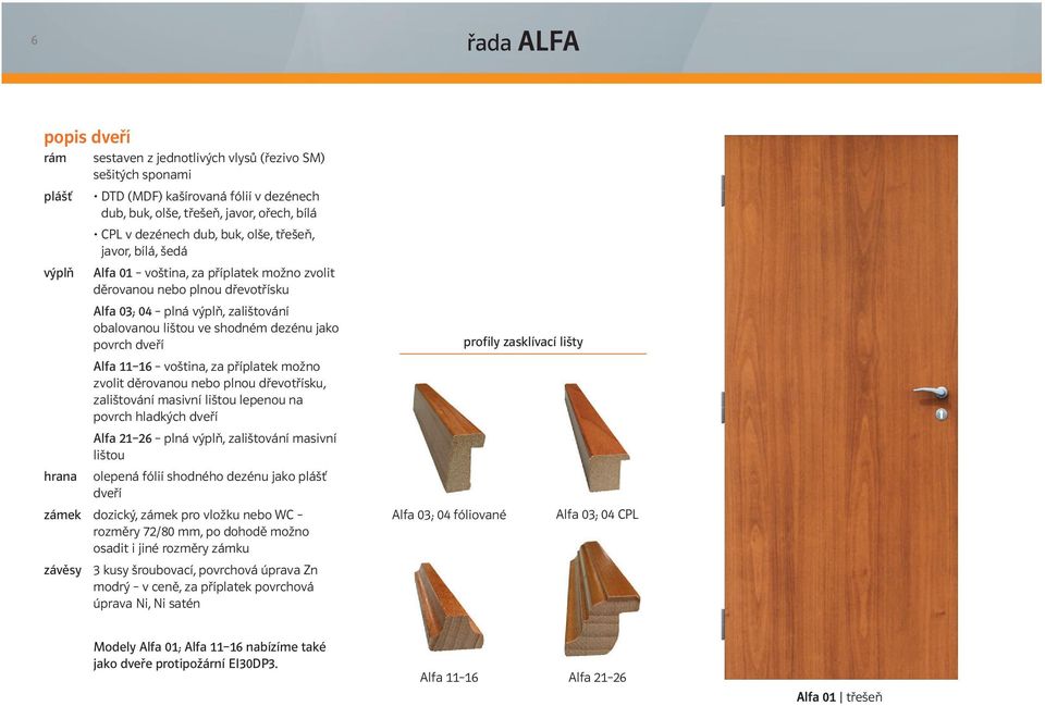 dveří Alfa 11 16 voština, za příplatek možno zvolit děrovanou nebo plnou dřevotřísku, zalištování masivní lištou lepenou na povrch hladkých dveří Alfa 21 26 plná výplň, zalištování masivní lištou