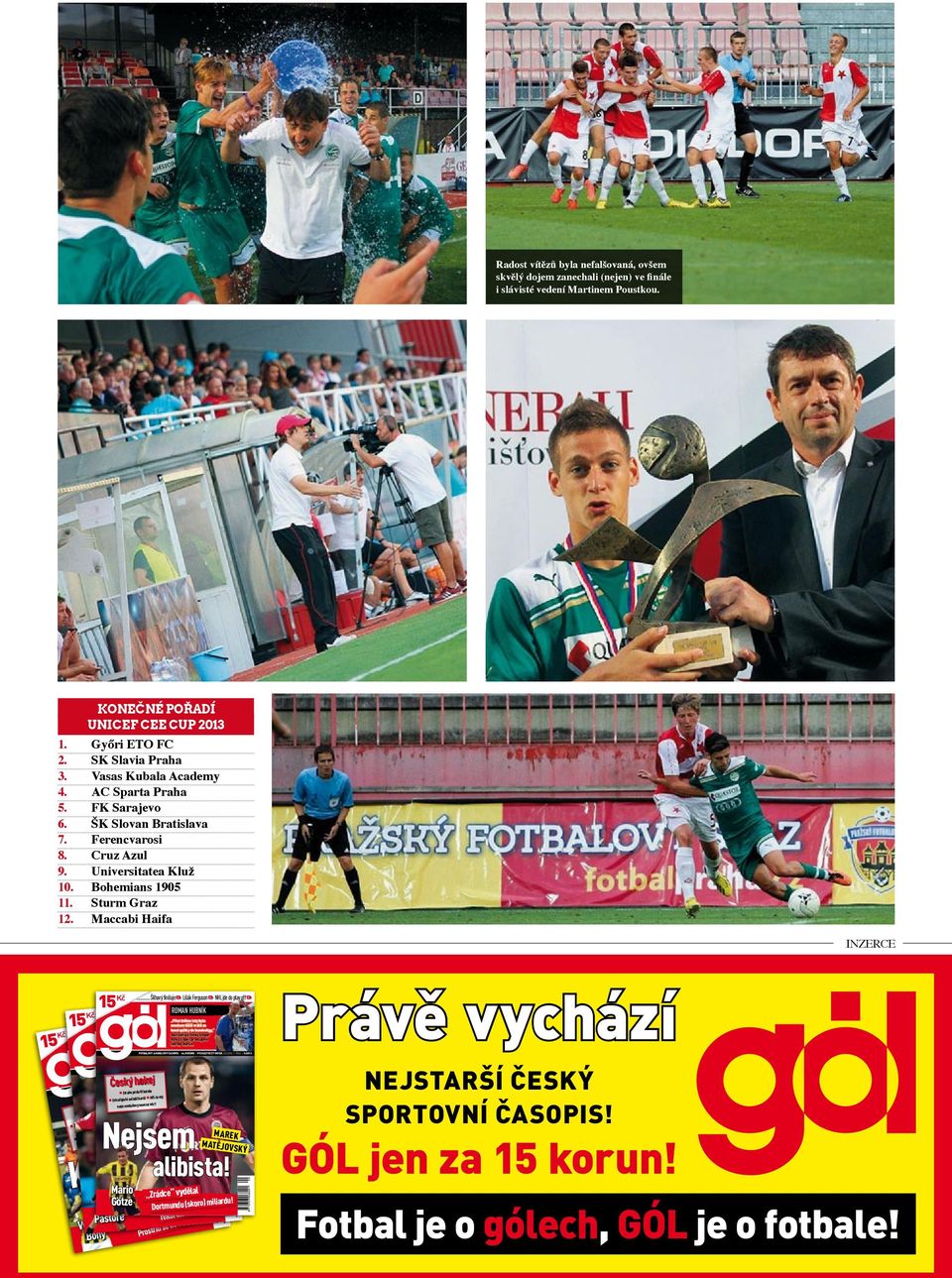 Universitatea Kluž 10. Bohemians 1905 11. Sturm Graz 12. Maccabi Haifa inzerce 10 14... Kvalifikační počty Záchranář Straka Vokoun rekordmanem 30 DAVID LAFATA FOTBALOVÝ A HOKEJOVÝ ČASOPIS 46.