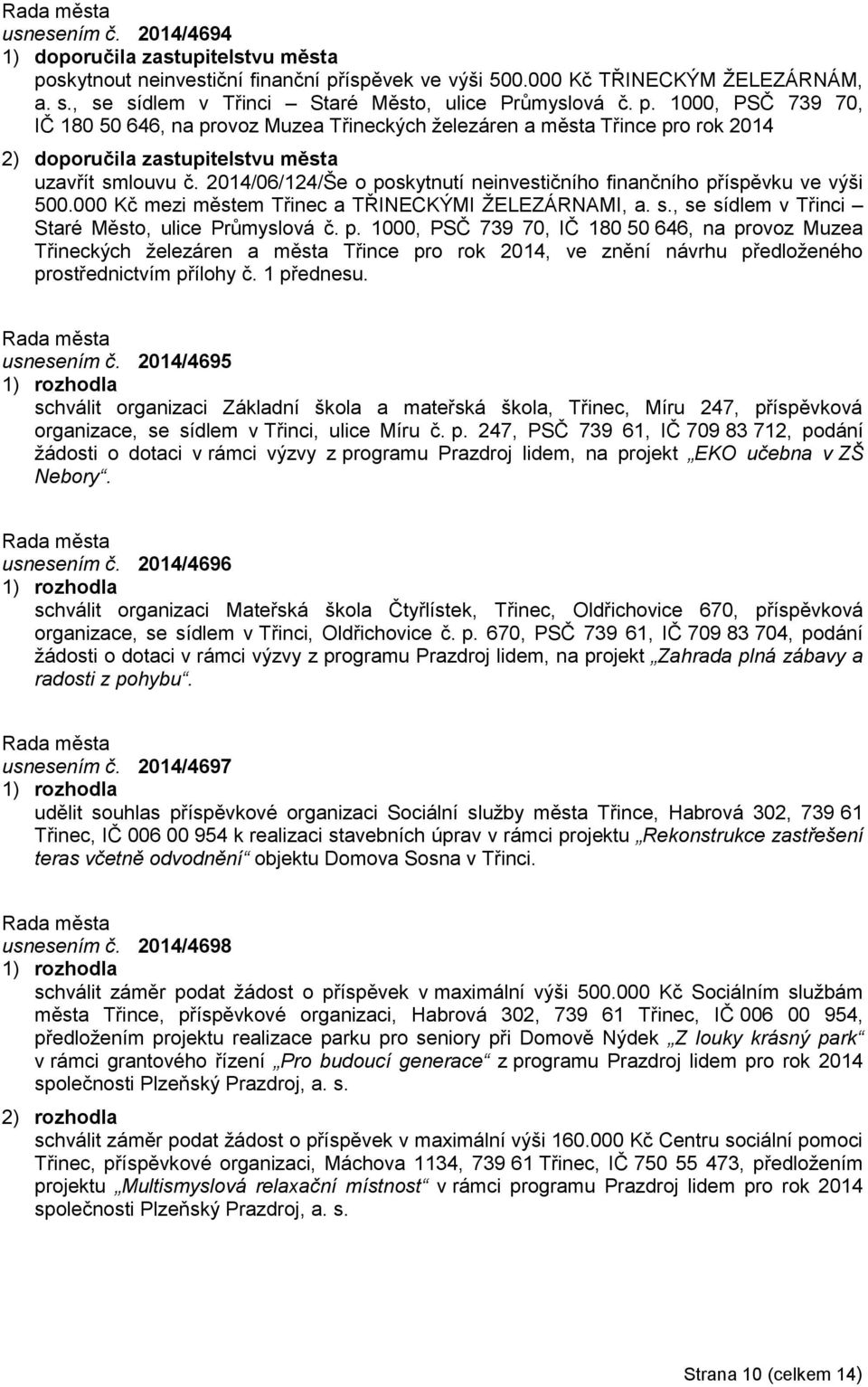 2014/06/124/Še o poskytnutí neinvestičního finančního příspěvku ve výši 500.000 Kč mezi městem Třinec a TŘINECKÝMI ŽELEZÁRNAMI, a. s., se sídlem v Třinci Staré Město, ulice Průmyslová č. p. 1000, PSČ 739 70, IČ 180 50 646, na provoz Muzea Třineckých železáren a města Třince pro rok 2014, ve znění návrhu předloženého prostřednictvím přílohy č.